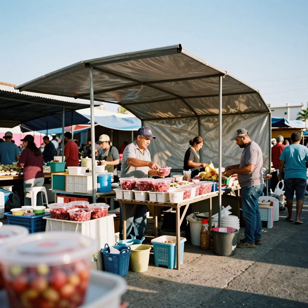 Surreal Borscht Vendor in Santo Domingo Flea Market in in a flea market lane in Santo Domingo