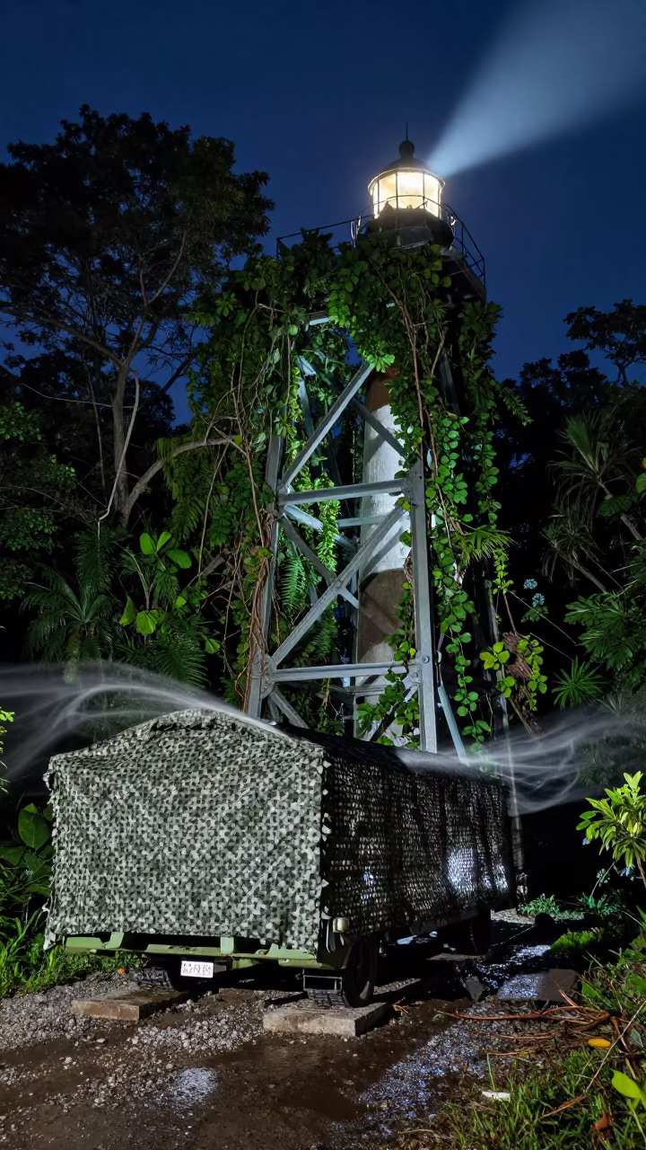 Surreal Bridge Section Under Jungle Vines in CAR in beneath a camouflage net shelter in Central African Republic
