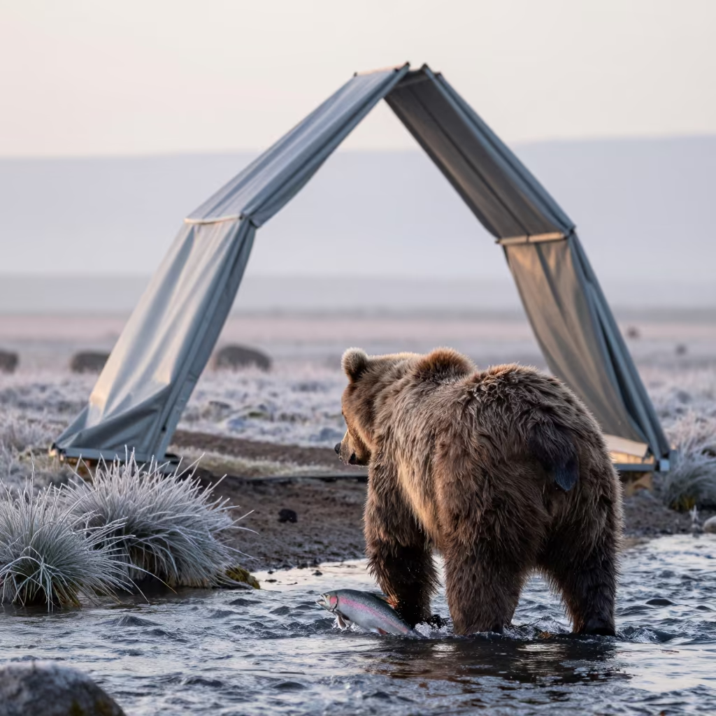 Surreal Brown Bear Catching Salmon at Dawn in along a game trail near Adana