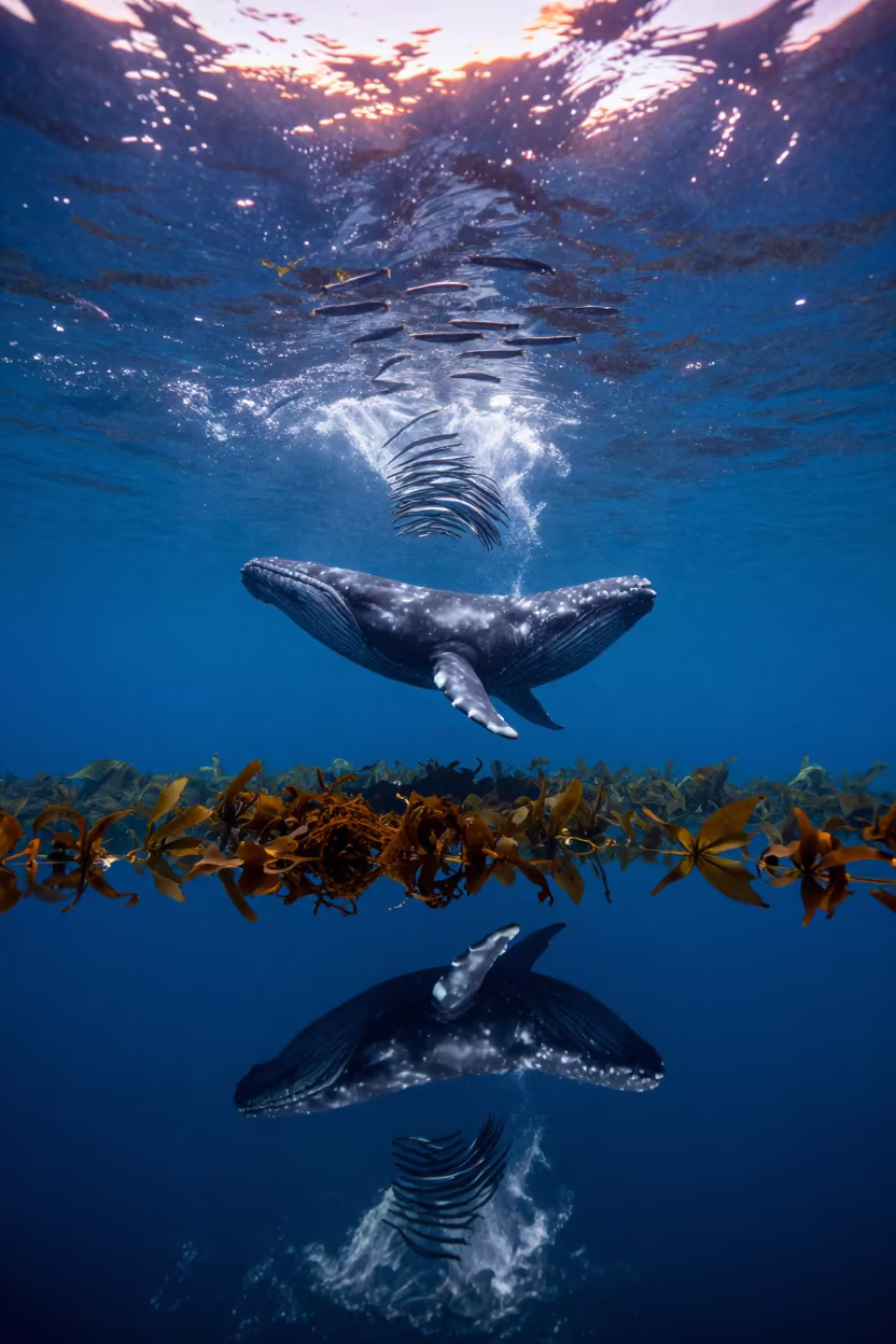 Surreal Bryde's Whale Mid Lunge Over Mirror Sea in along a kelp-fringed shelf in Catalonia