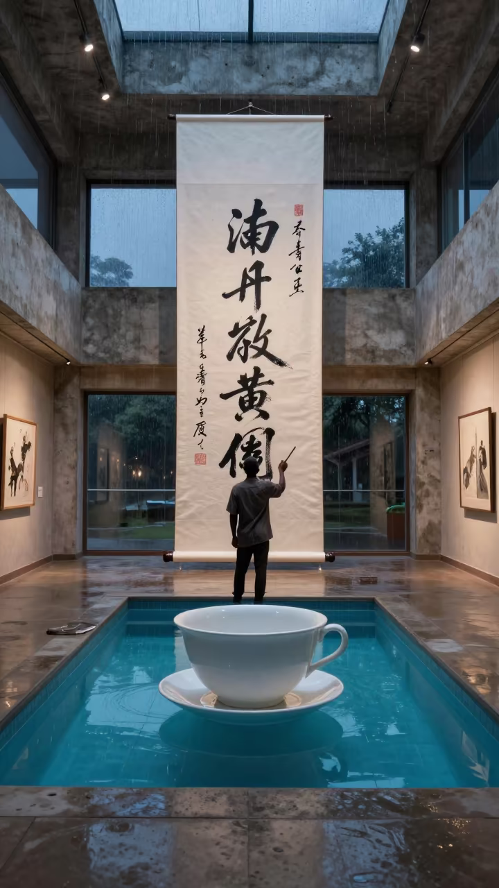 Surreal Calligraphy Master in Neon Twilight Bondoukou in on a museum plinth in Bondoukou