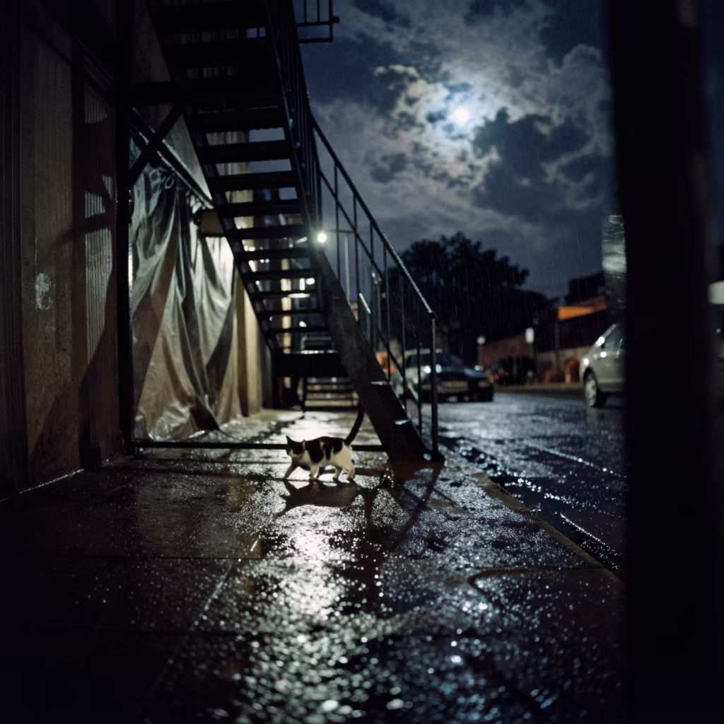 Surreal Cat on Draping Fire Escape in Nairobi in outside a metro entrance in Nairobi