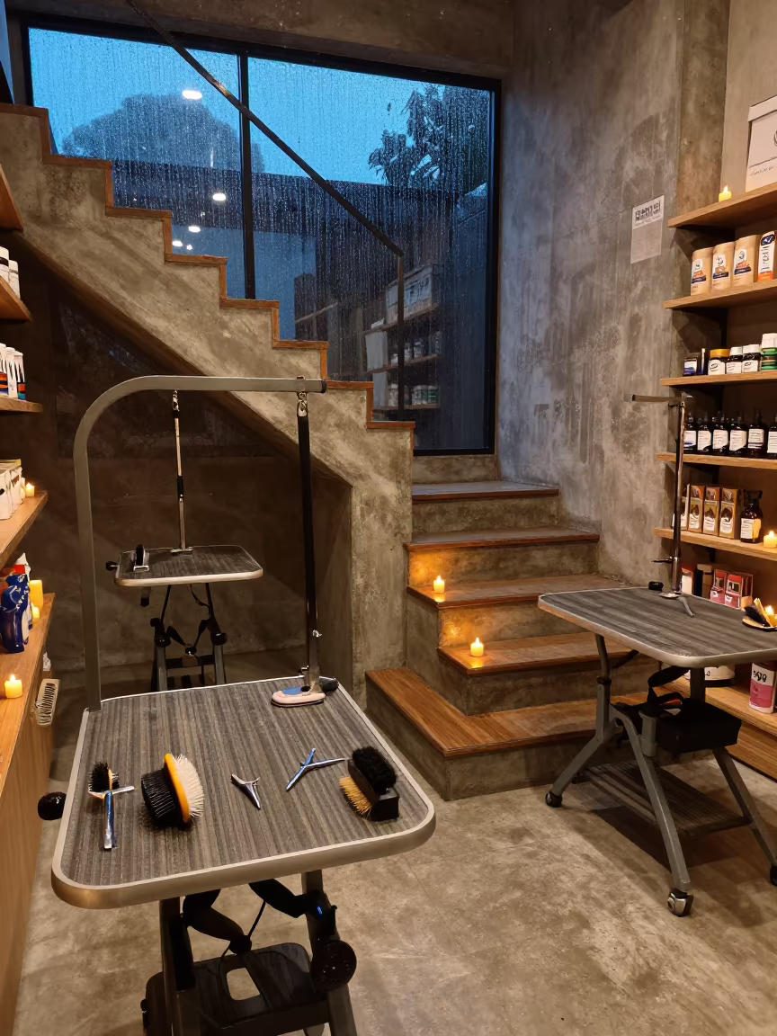 Surreal Cat Grooming Table Evening Monsoon in inside a pet store aisle near Sao Luis