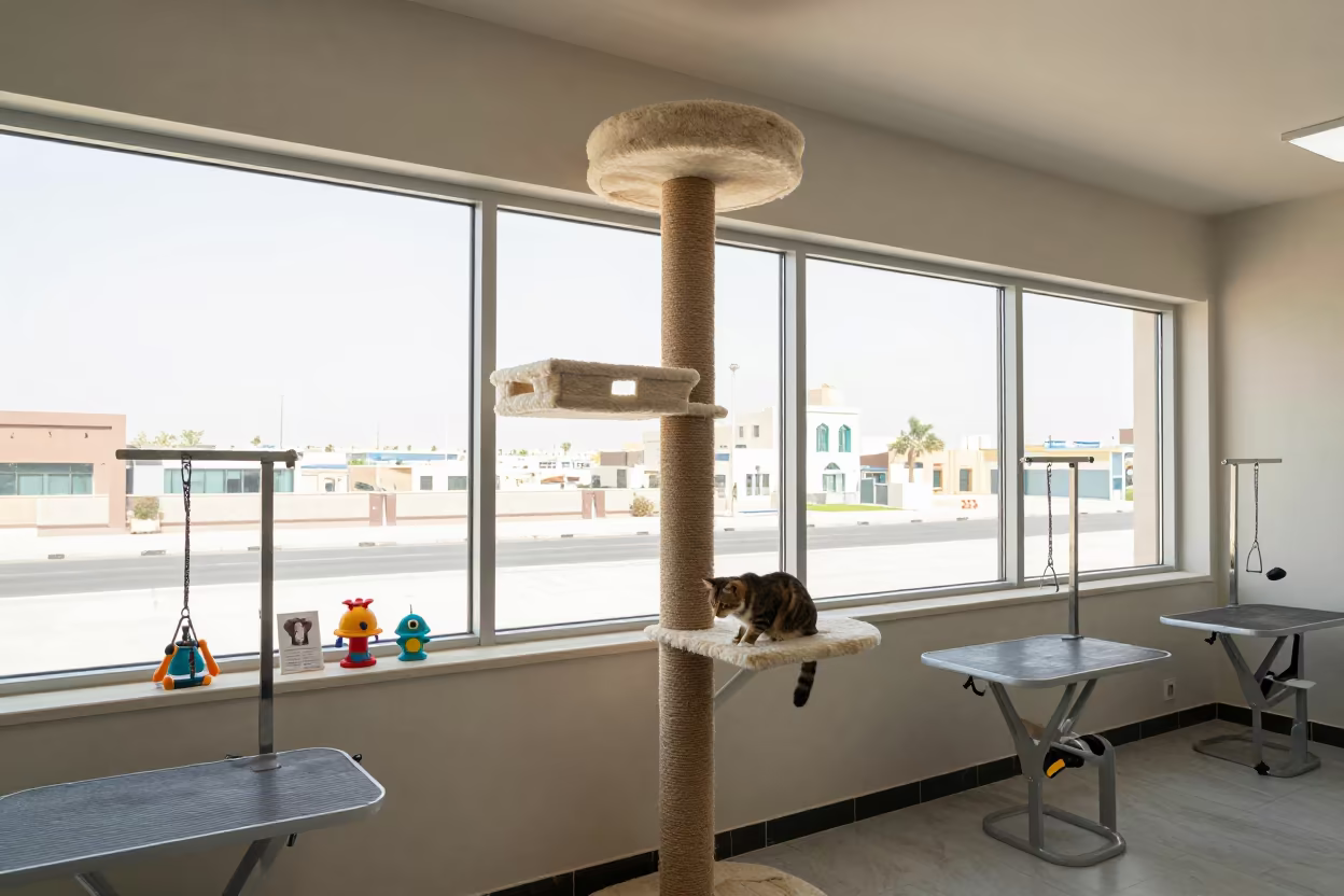 Surreal Cat Lounge Window Perch Doha in inside a grooming bay in Doha