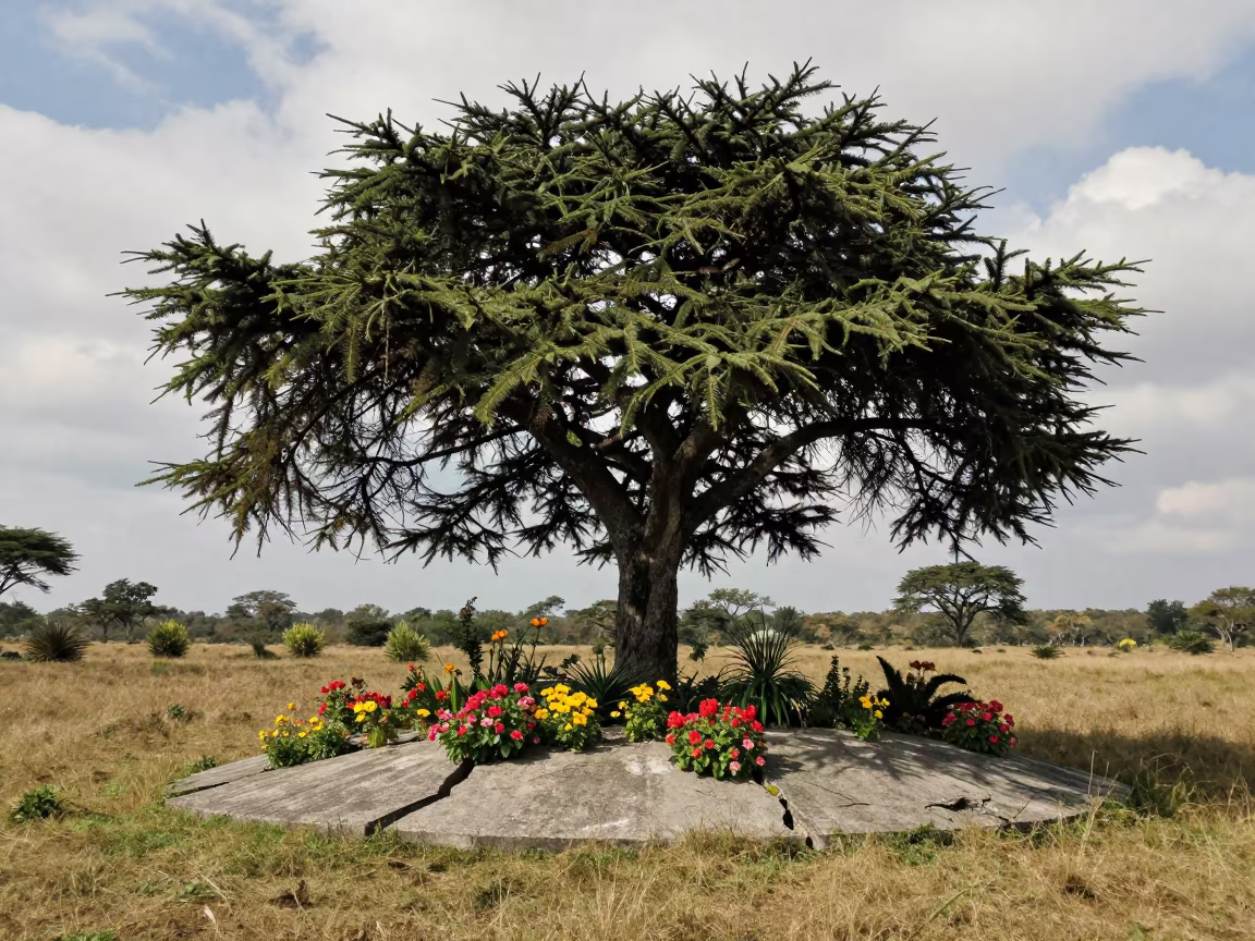 Surreal Cedar Blooming from Concrete in Liberia in in a bloom-heavy meadow in Liberia