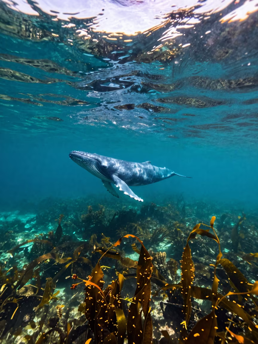 Surreal Cenote Whale Shadow Over Kelp Forest in through a forest of kelp fronds in Indonesia