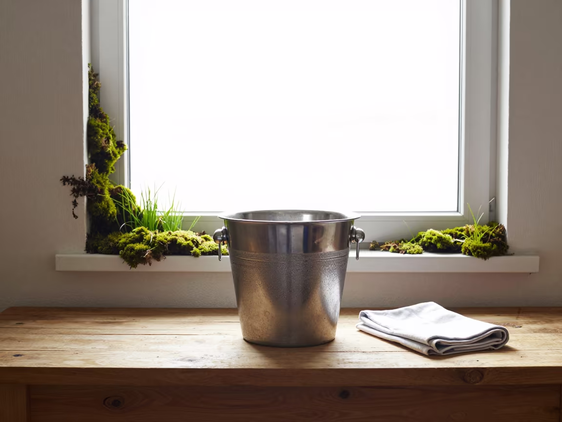Surreal Champagne Bucket Mossy Shelf Erbil Noon in on a wooden workbench in Erbil