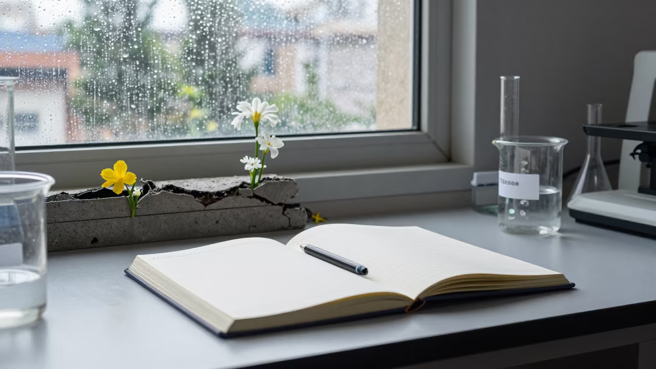 Surreal Chemistry Notebook with Blooming Flowers in at an engineering workbench in Tacna