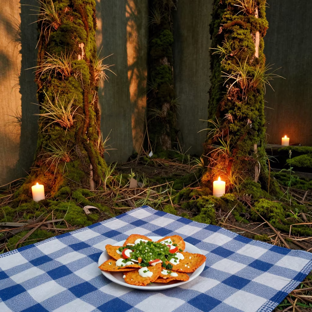 Surreal Chilaquiles Sunset in Mossy Pyongyang Room in on a picnic blanket in Pyongyang