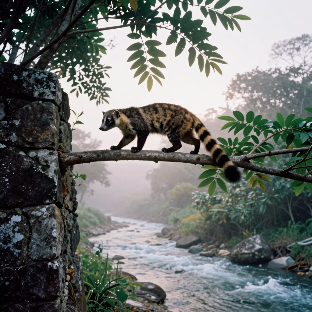 Surreal Civet Cat Moonlit Branch Barbados in above a glacial stream in Barbados