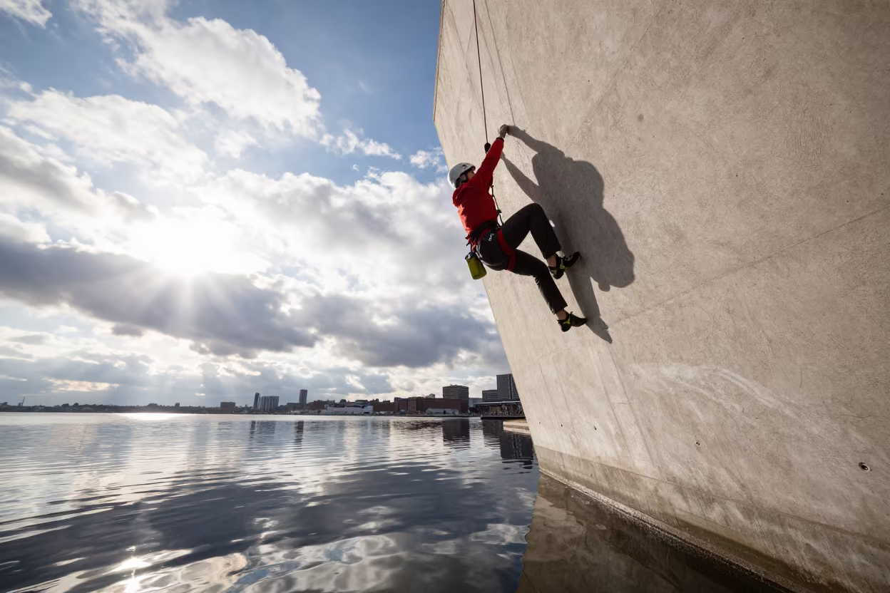 Surreal Climber on Mirror Water Harbor Quay Philadelphia in at a harbor quay near Italian Market, Philadelphia