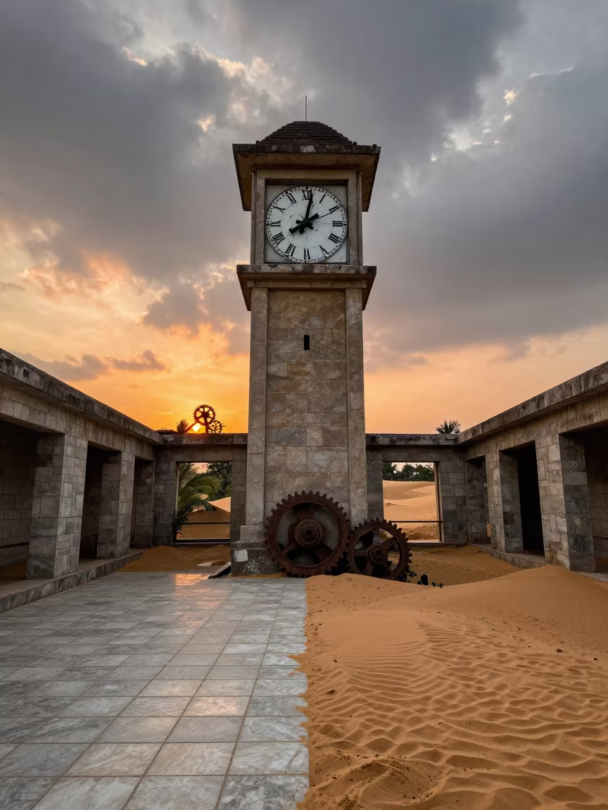 Surreal Clock Tower Ruin Sunset Overcast in among roofless stone chambers near Chennai