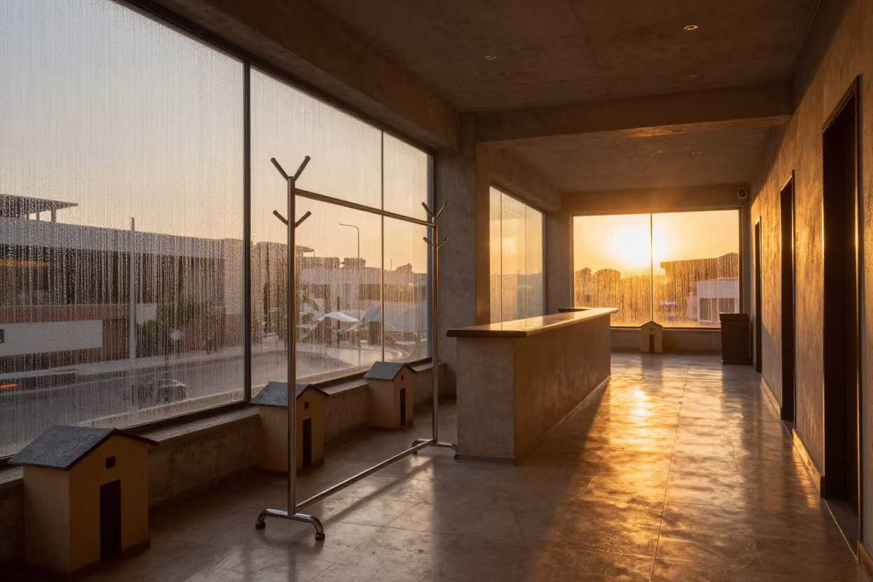 Surreal Coat Rack Counter with Shoebox Buildings in in a quiet guest corridor near Batna