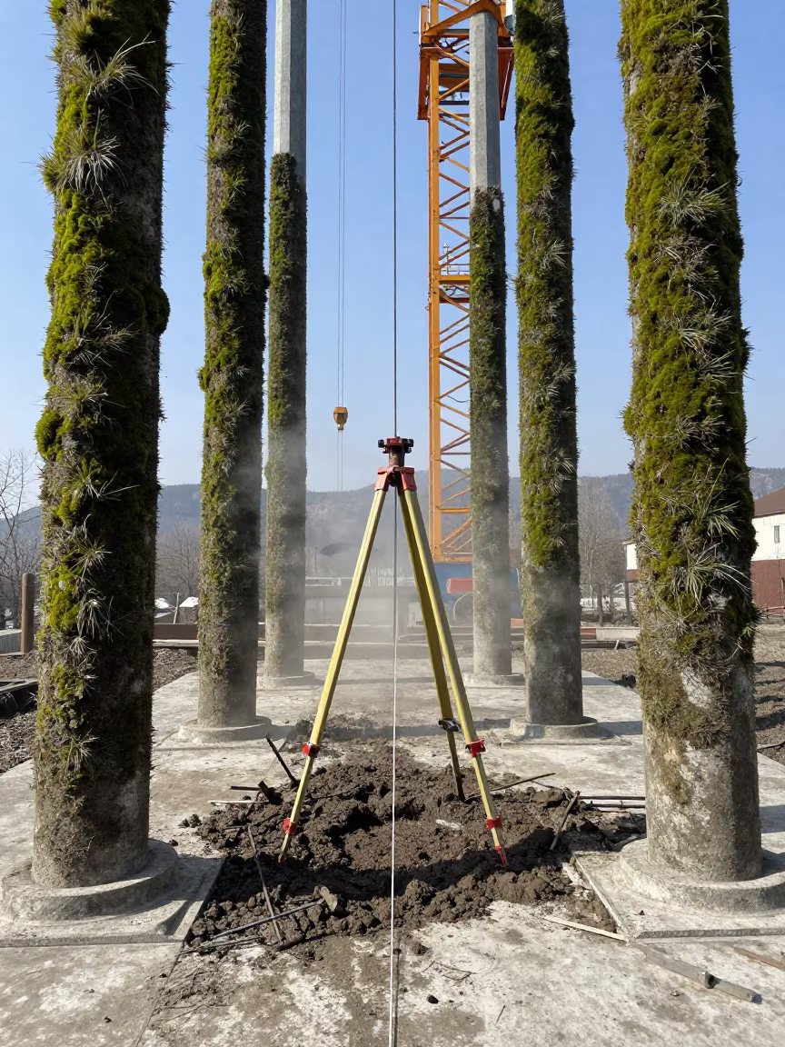 Surreal Construction Survey in Moldovan Winter Mud in beneath a tower crane on open ground in Moldova
