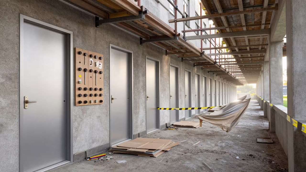 Surreal Construction Tag Board in Rhine Valley Light in along a scaffolded facade in the Rhine Valley