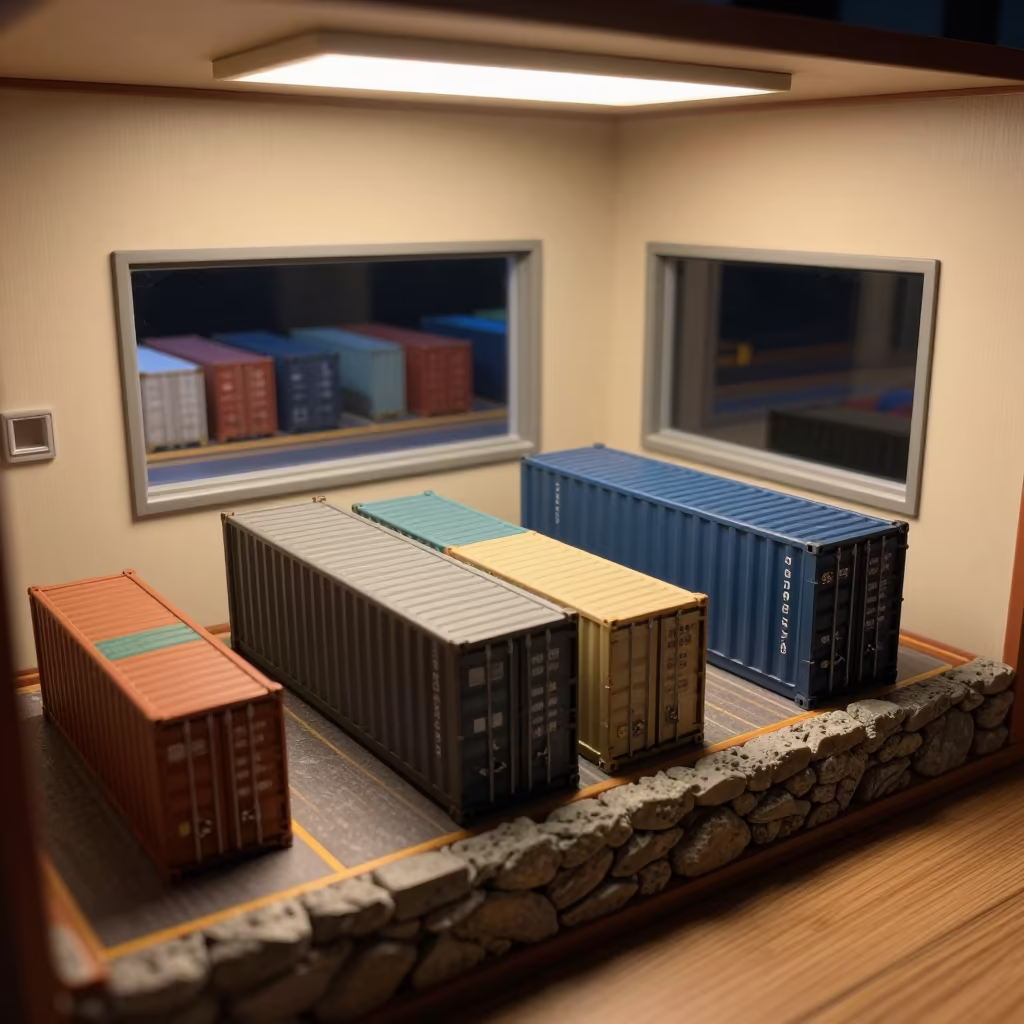 Surreal Container Port Window Night View in on a stone ledge in Osaka