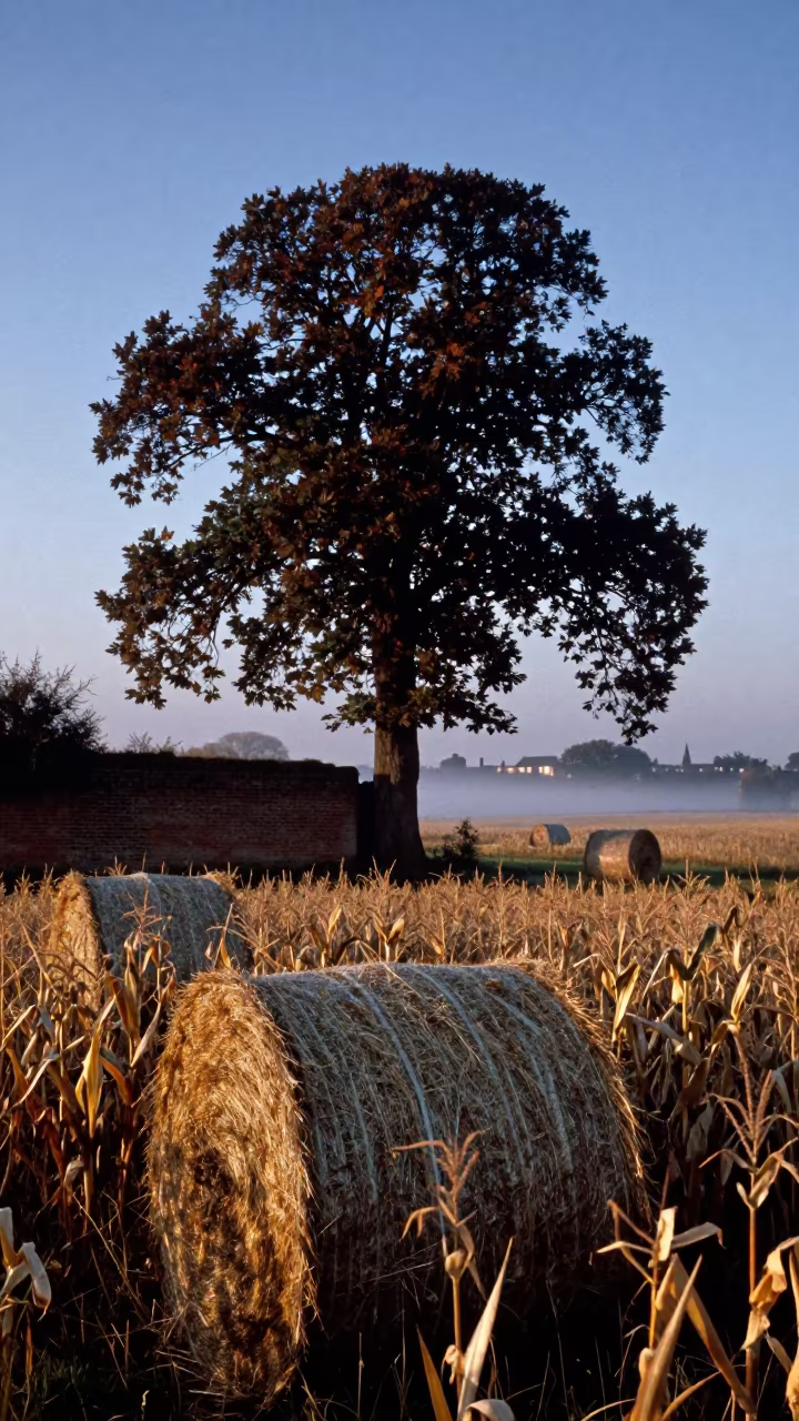 Surreal Cornfield Twilight with Horizontal Tree Wall in beside stacked hay bales in England