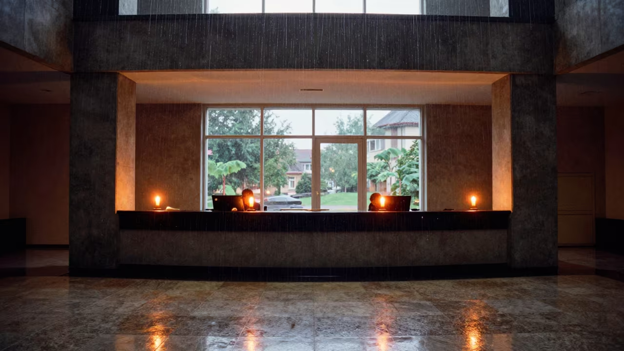Surreal Corporate Lobby with Upward Rain Streaks in in an operations center under monitor glow near Ordu