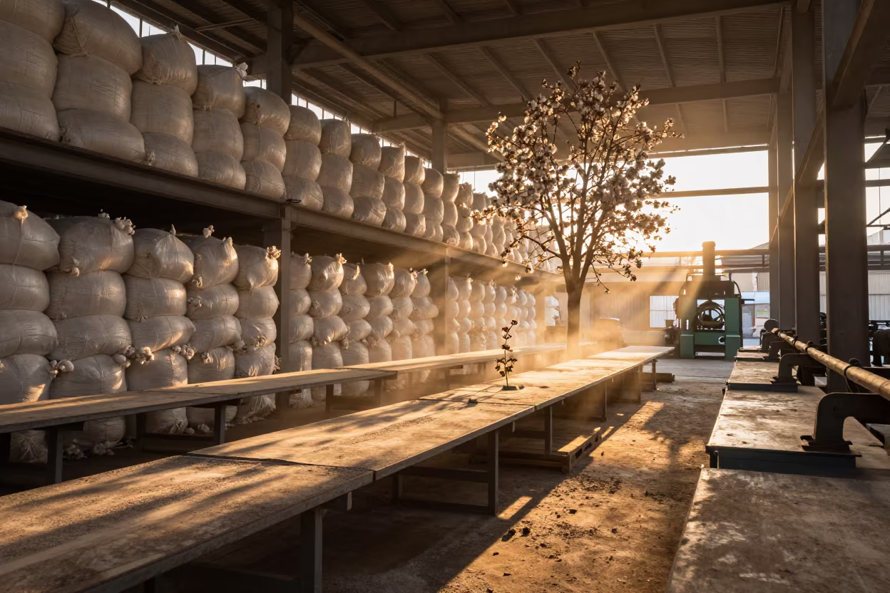 Surreal Cotton Mill Sunset Yunnan Flower in along a food-processing floor with sorting tables in Yunnan