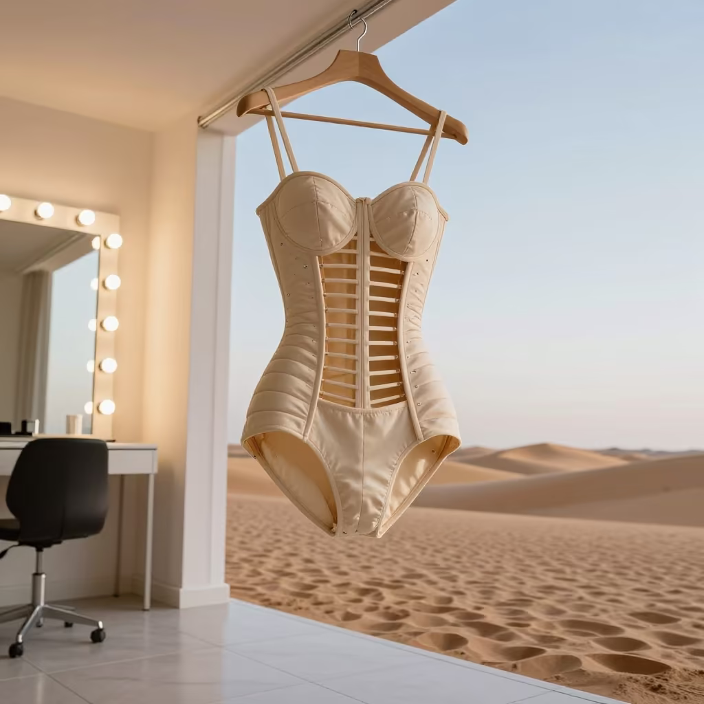 Surreal Couture Bodice with Sand Dunes Floor in beside a mirror lined with makeup bulbs near Hohhot