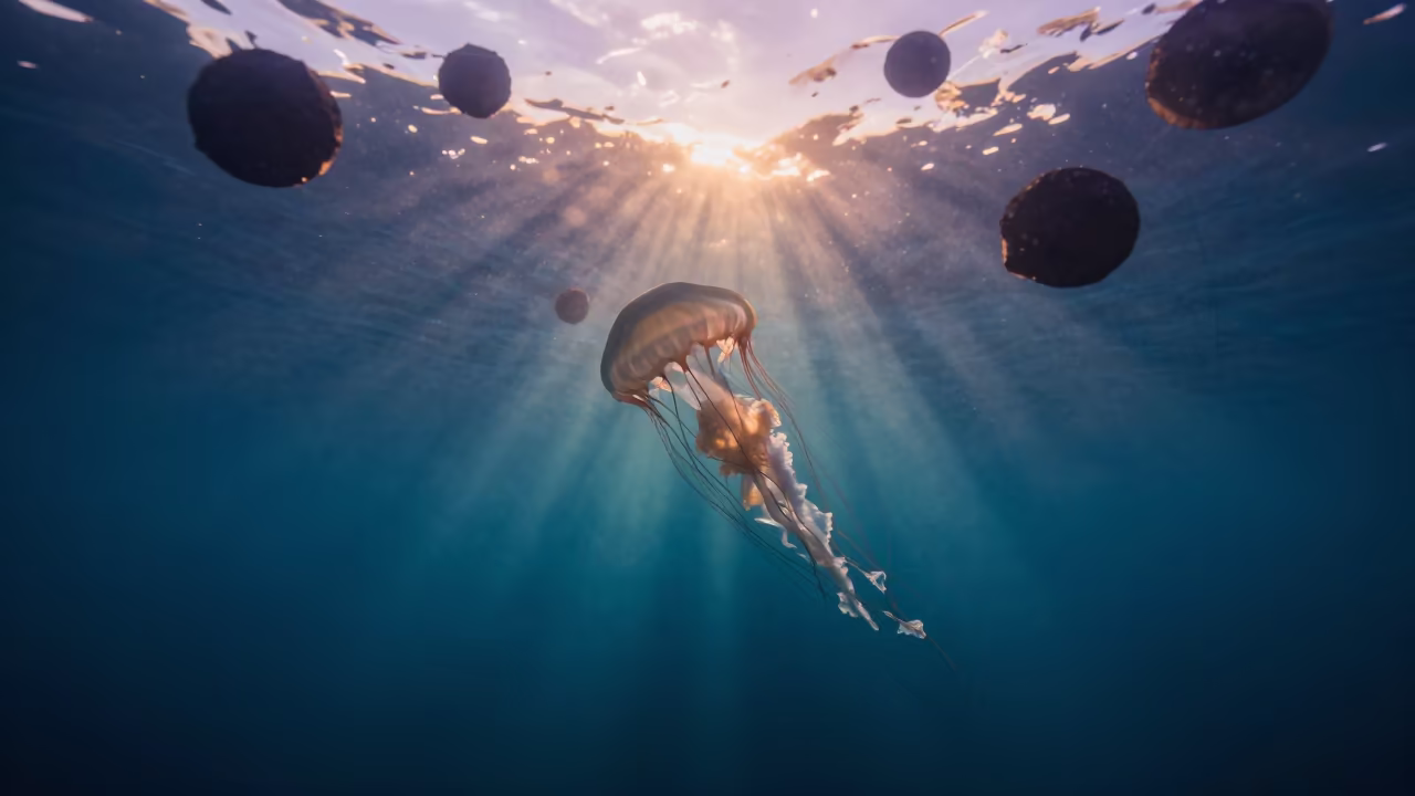 Surreal Crown Jellyfish Under Twilight Sky in near Fukuoka