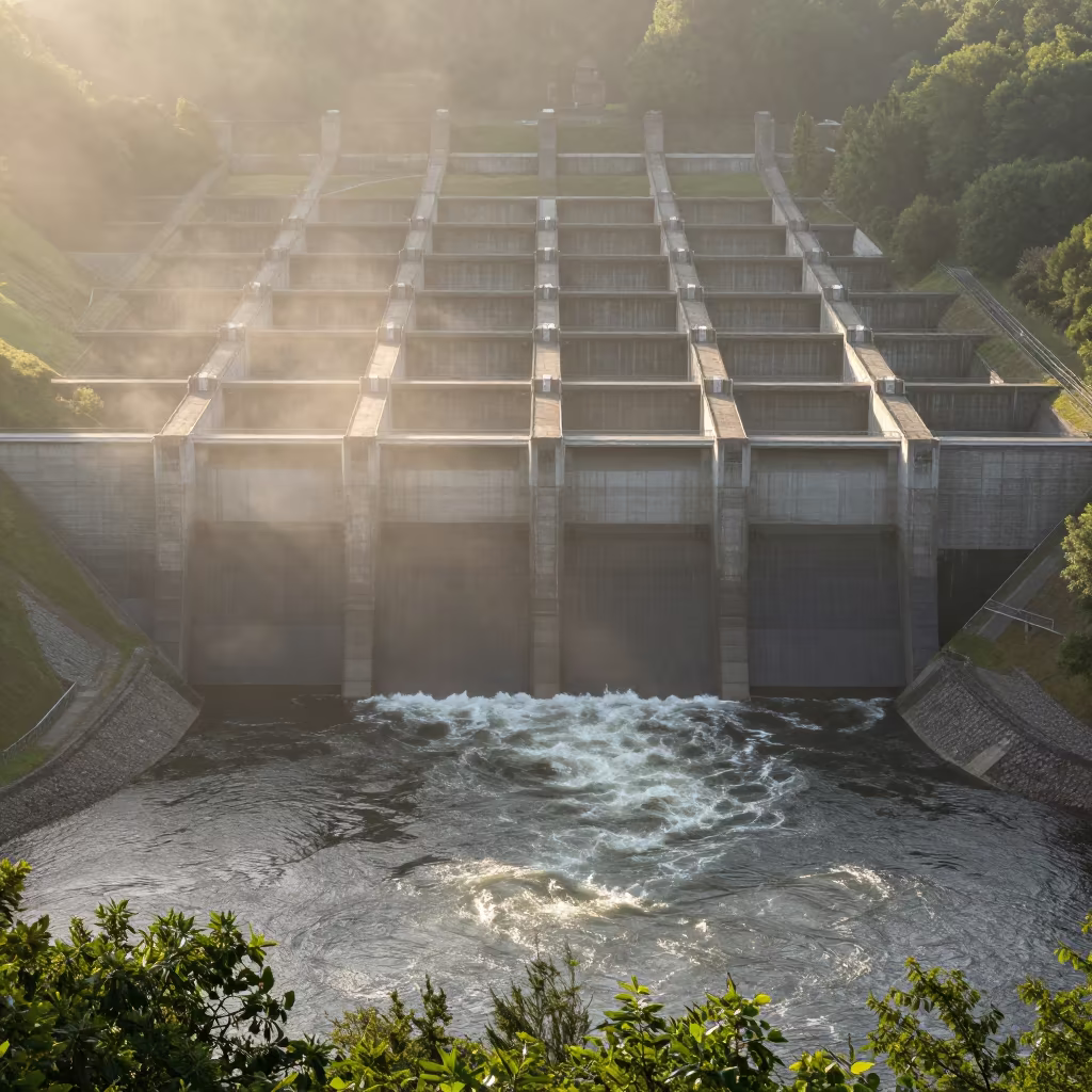 Surreal Dam Grid Above Apeldoorn Reservoir in along concrete walls above turbulent water near Apeldoorn