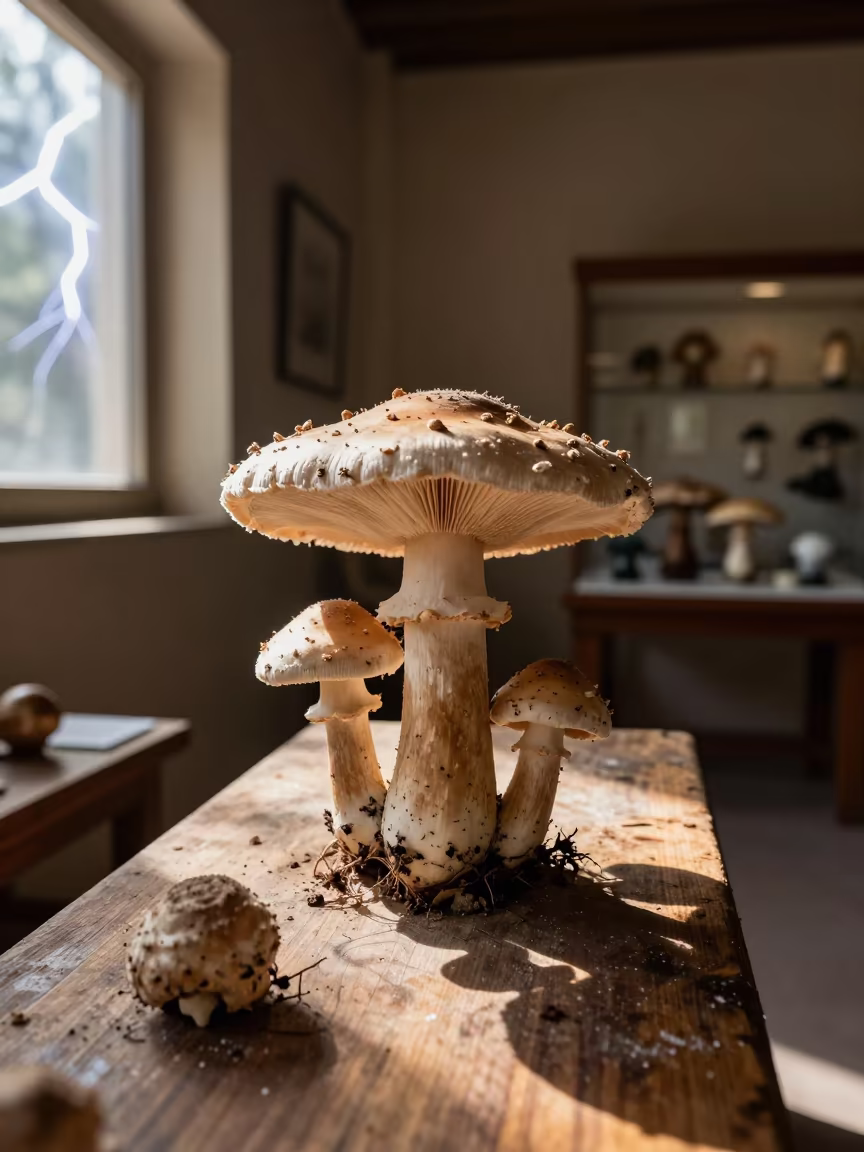 Surreal Darning Mushroom Lightning Museum Jalandhar in on a museum plinth near Jalandhar