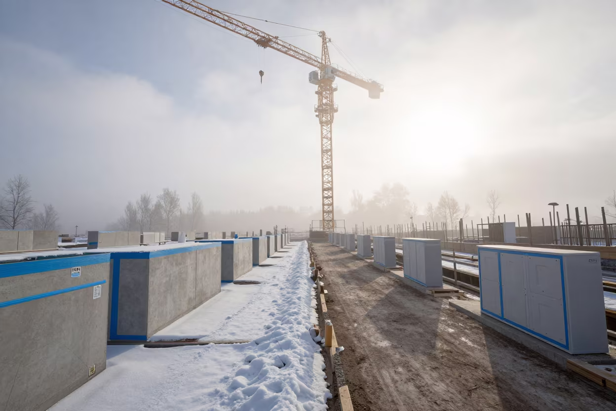 Surreal Dawn Construction Site with Split Weather in beneath a tower crane on open ground in Netherlands