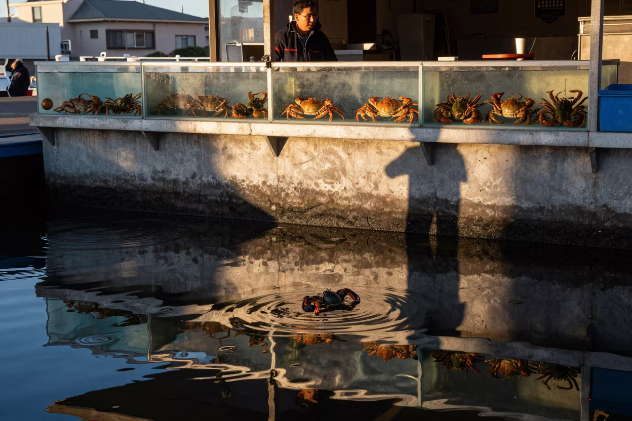 Surreal Dawn Crabs Reflected in Water Floor in near Japantown, San Francisco