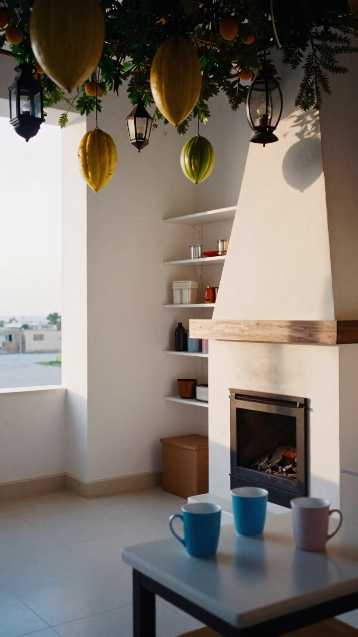 Surreal Dawn Pantry with Floating Lanterns in by a crackling fireplace in Beni Suef