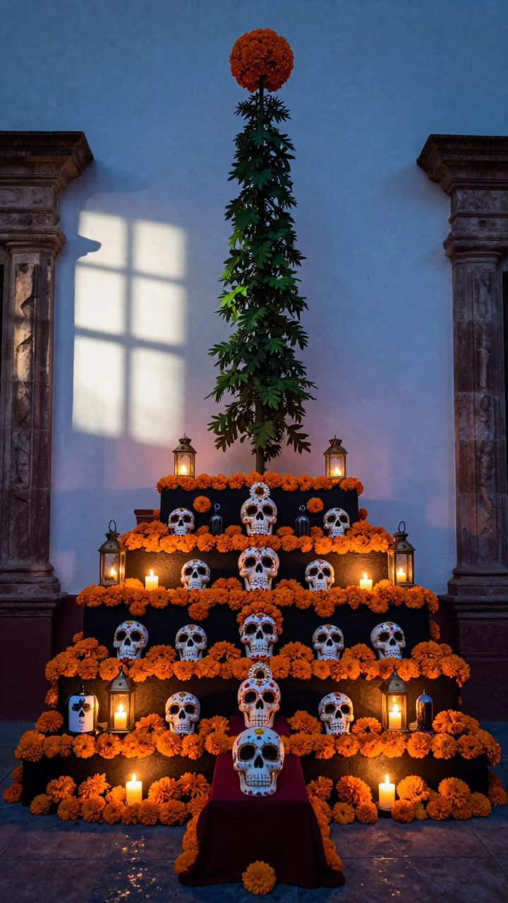 Surreal Day of the Dead Altar Tree Flower in in a shrine lined with lanterns in Puebla