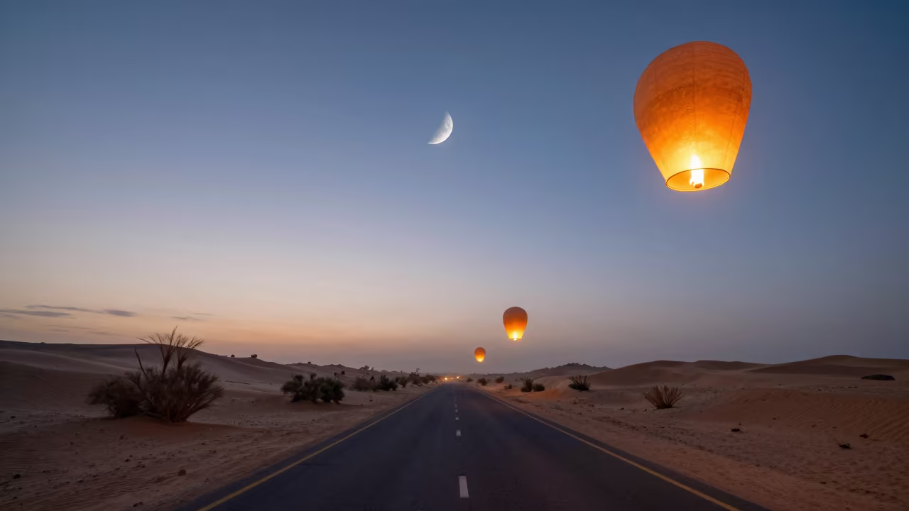 Surreal Desert Highway With Giant Floating Lanterns in from a dune-backed overlook in clear desert air near Garden City, Cairo