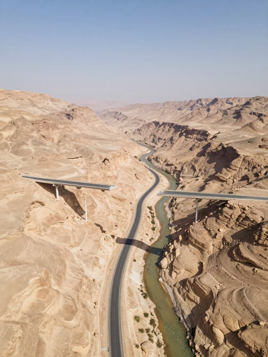 Surreal Desert Switchbacks Floating Above Sinai River in far above river meanders in Sinai