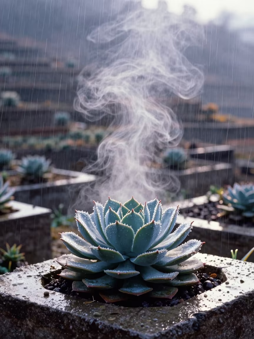 Surreal Dewy Echeveria in Gansu Rain in among terraced garden plots in Gansu
