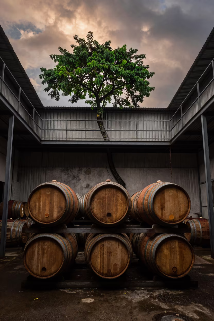 Surreal Distillery Warehouse with Horizontal Tree in on a scaffold platform near Paramaribo