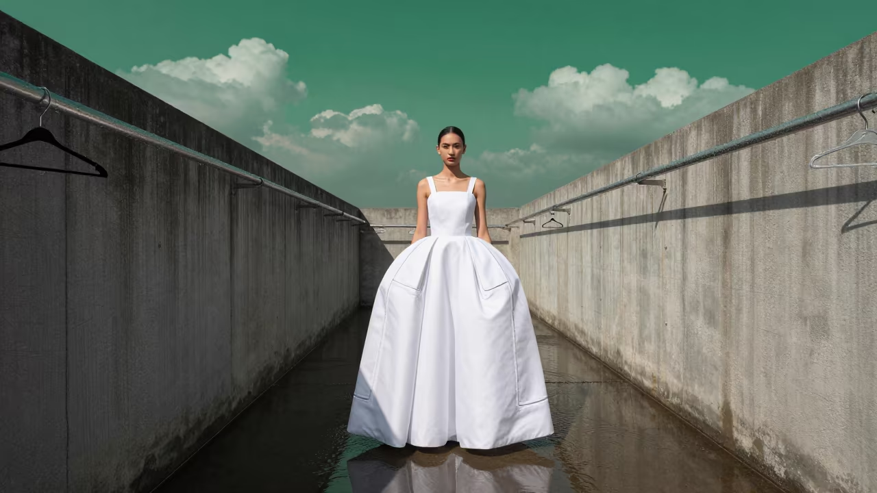 Surreal Dress Form Chalk Hip Magenta Sky in in a backstage changing corridor near Alor Setar