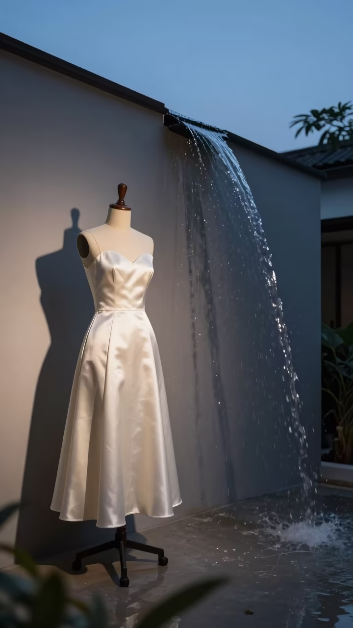 Surreal Dress Form Ivory Silk Pattern Shell Phrae in inside a minimalist showroom in Phrae