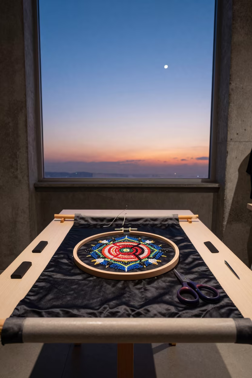Surreal Embroidery Hoop Night Sky Osaka in at a tailoring table strewn with chalk and shears in Namba, Osaka