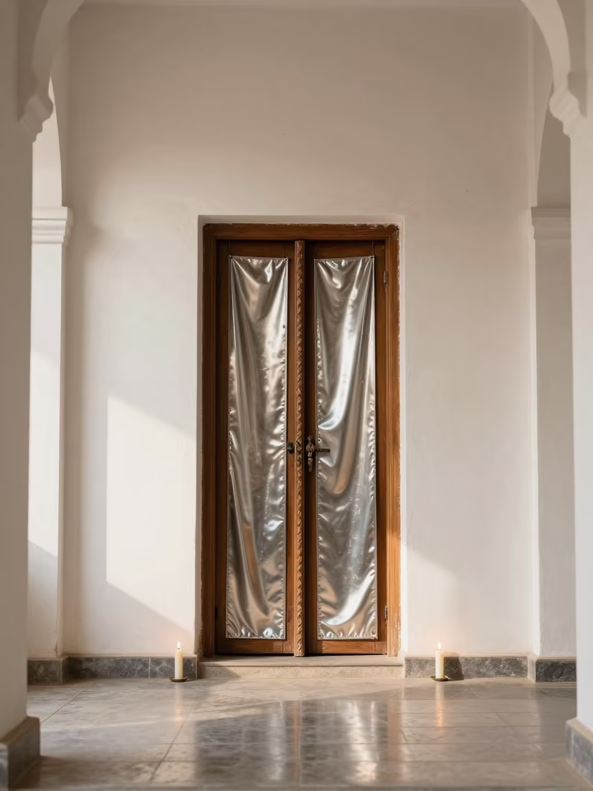 Surreal Fabric Metal Church Door in Candlelit Nave in inside a candlelit nave in Saharanpur