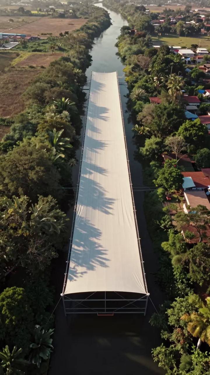 Surreal Fabric River Delta Aerial View in high above irrigation geometry near San Pedro de la Paz