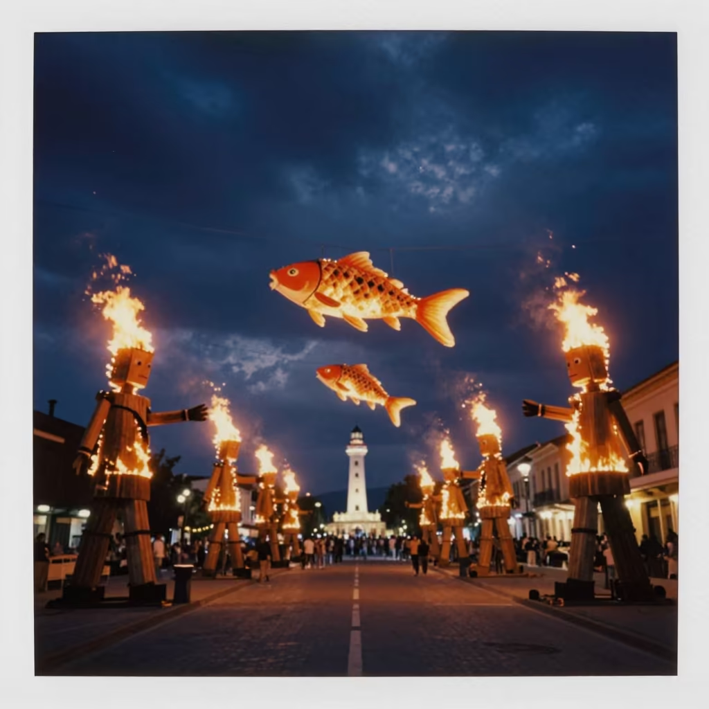 Surreal Fallas Ninot Burning Under Giant Koi in at a festival street procession in Izmir