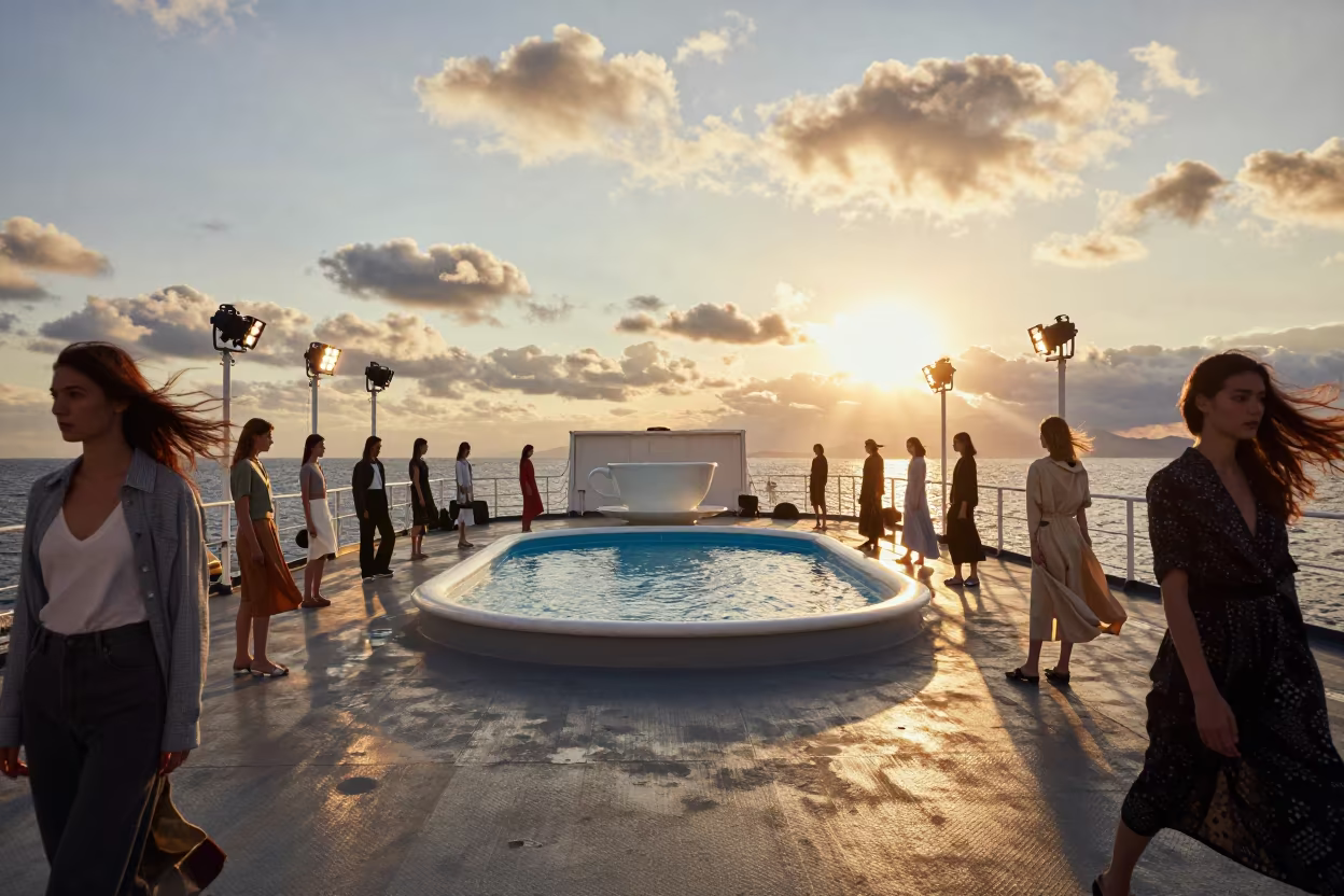 Surreal Fashion Editorial Ferry Deck Osaka in under runway rehearsal lights near Osaka