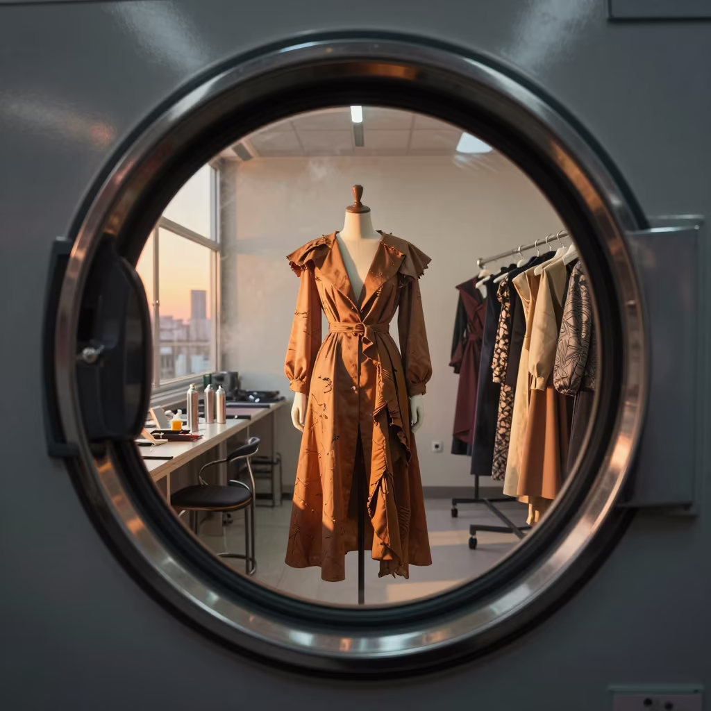 Surreal Fashion Editorial Through Laundromat Window in inside a couture atelier near Port Said