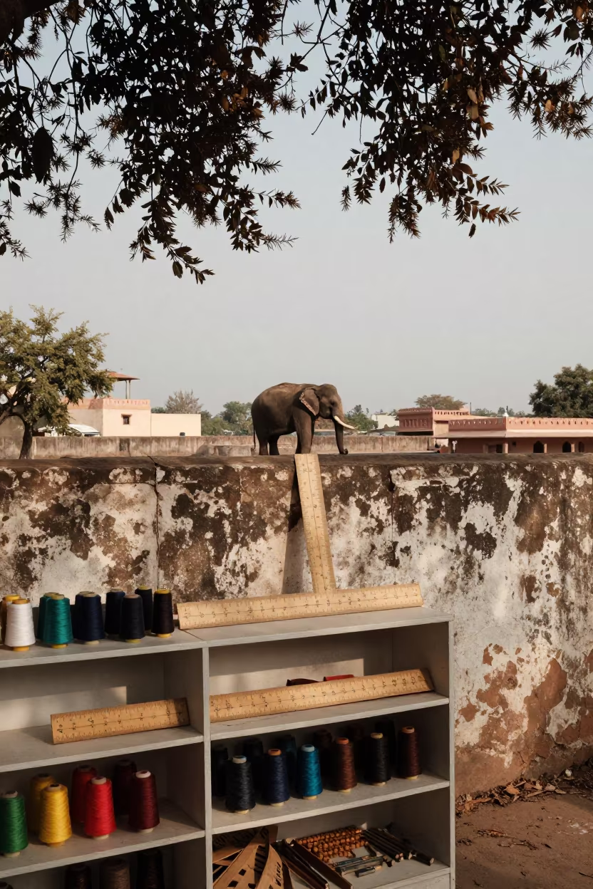 Surreal Fashion Shelf with Elephant on Jaipur Rooftop in against a wind-beaten harbor wall in Nahargarh, Jaipur