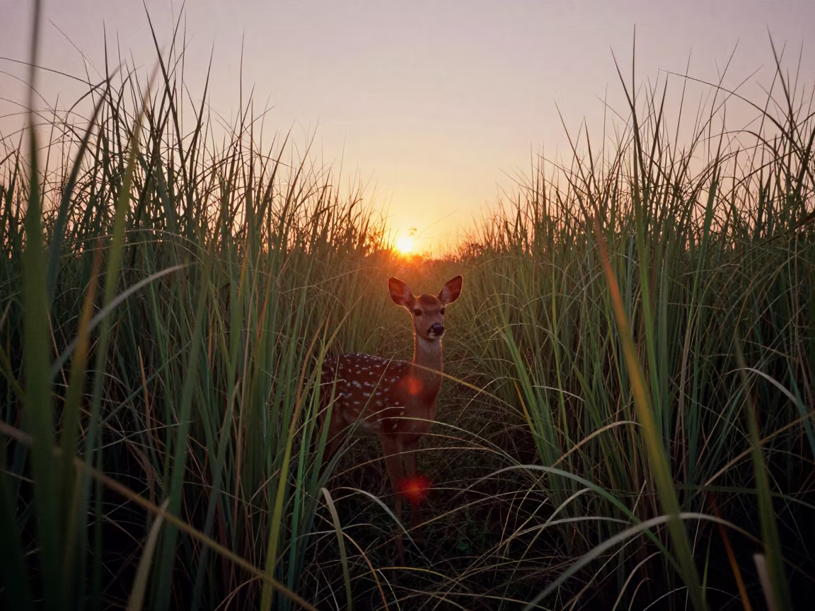 Surreal Fawn Hidden in Hazy Grass in at the edge of a reed bed near Palembang