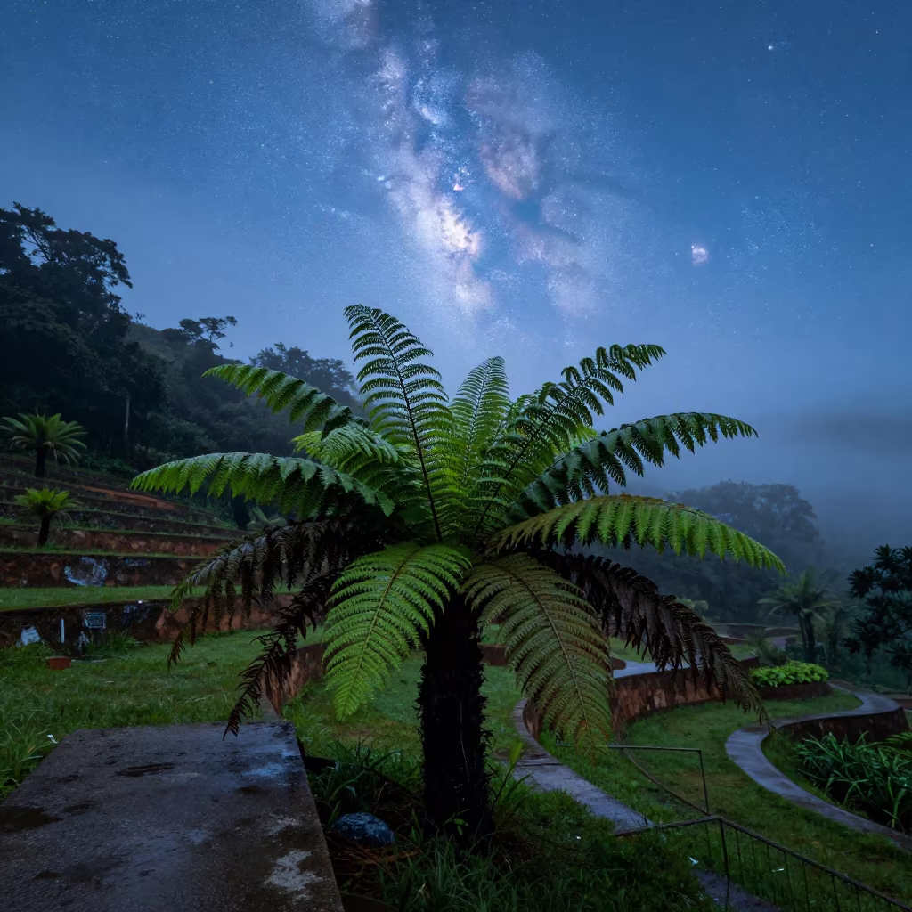 Surreal Fern Silhouette Against Daytime Milky Way in among terraced garden plots near Rio de Janeiro