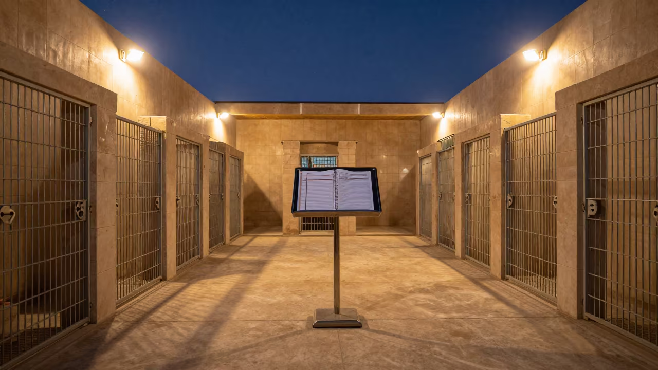Surreal Fish Chart Stand in Erbil Kennel in in a boarding kennel corridor in Erbil