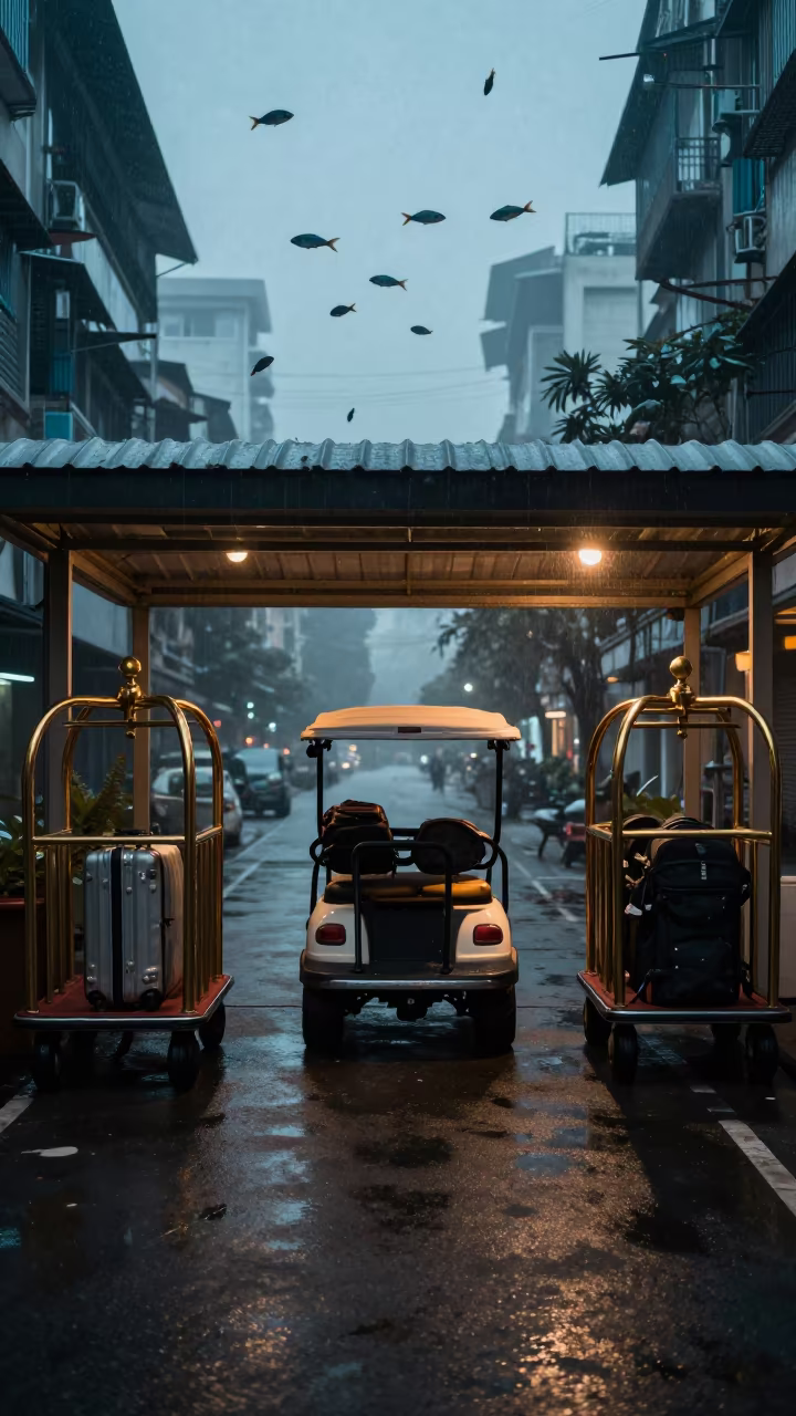 Surreal Fish Swim Over Resort Cart in at a porte cochere with brass luggage carts waiting near Ho Chi Minh City