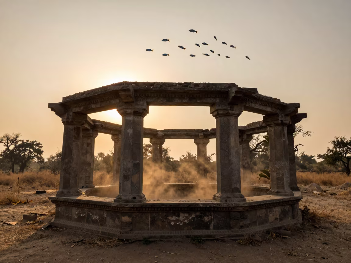 Surreal Fish Swim Through Ruined Orangery at Sunset in among roofless stone chambers near Bhilai