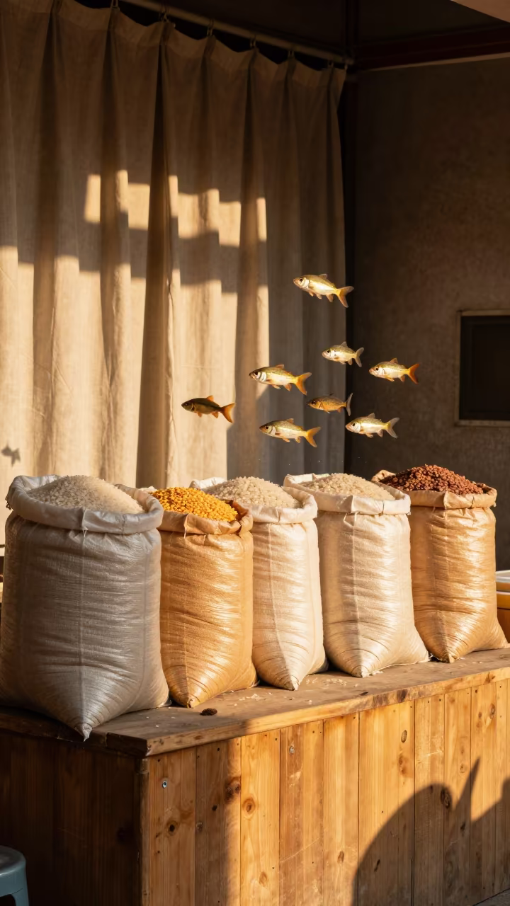 Surreal Fish Swimming Over Rice Sacks in at a market stall counter in Hohhot